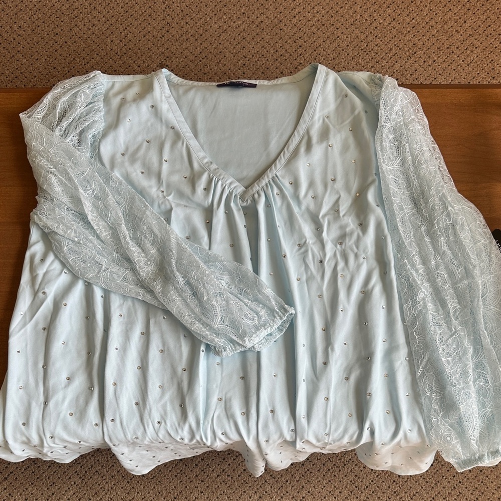 Roaman's Light Blue Blouse with Lace Sleeves
